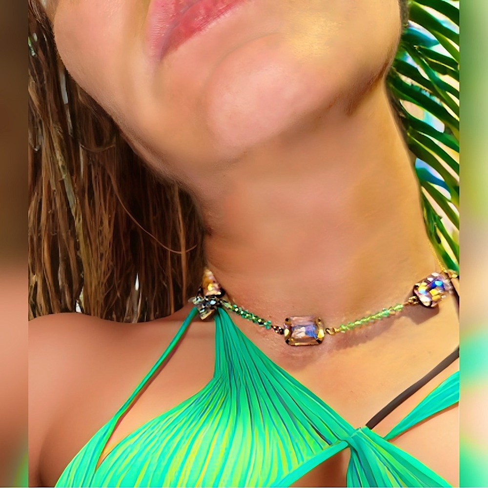 NEW- “Fiji Glam-Surfer Chic” Rose AB Glass Gems & Aqua Crystals Gold Necklace